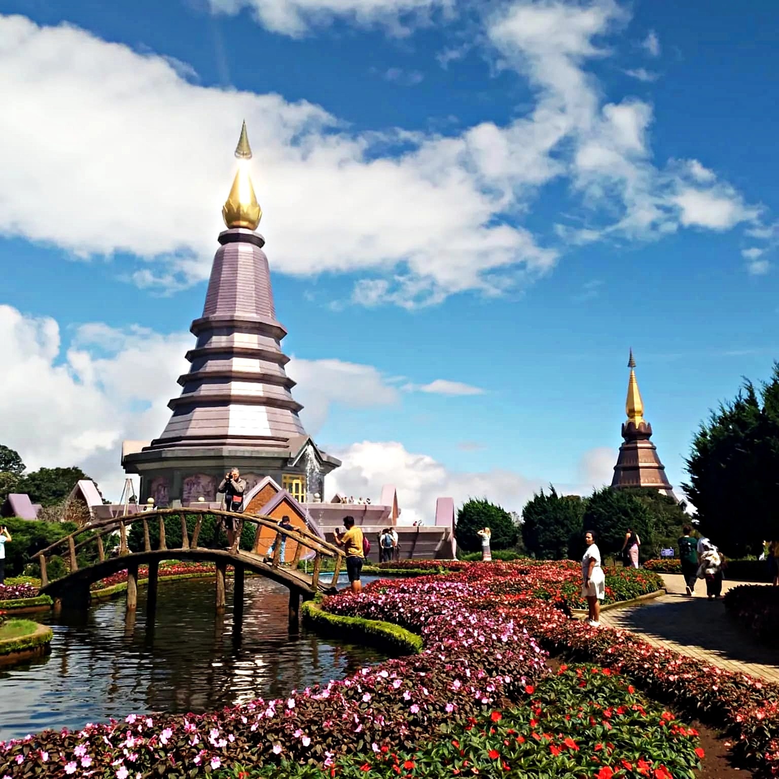 Manicured flower gardens below the royal pagodas at Doi Inthanon